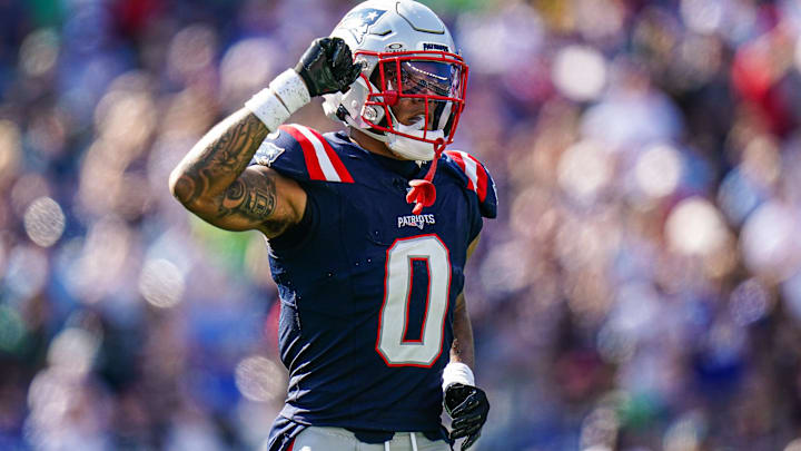 Sep 15, 2024; Foxborough, Massachusetts, USA; New England Patriots cornerback Christian Gonzalez (0) reacts after a play against the Seattle Seahawks in the second half at Gillette Stadium. Mandatory Credit: David Butler II-Imagn Images