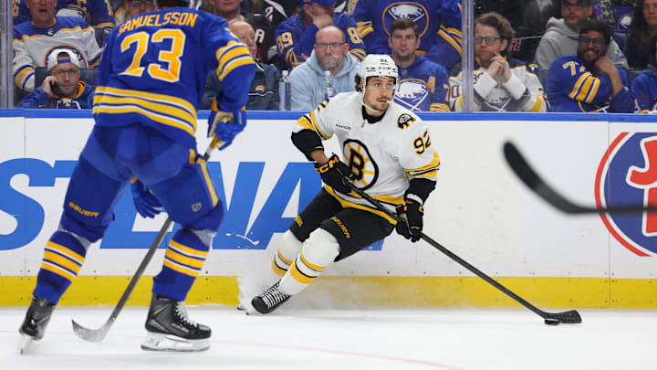 Apr 21, 2026; Buffalo, New York, USA; Boston Bruins center Marat Khusnutdinov (92) looks to make a pass during the third period against the Buffalo Sabres in game two of the first round of the 2026 Stanley Cup Playoffs at KeyBank Center. Mandatory Credit: Timothy T. Ludwig-Imagn Images