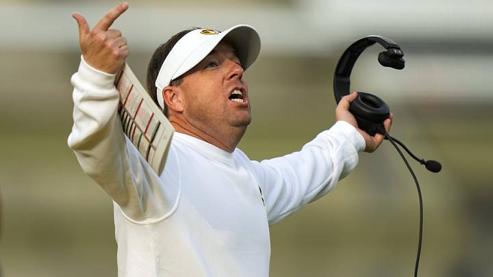 Missouri Tigers head coach Eli Drinkwitz reacts during the first half.
