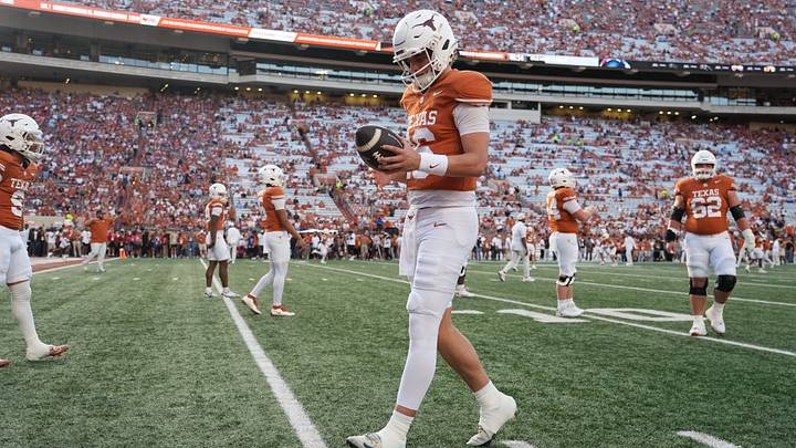 Oct 24, 2026; Austin, Texas, USA;  Texas Longhorns quarterback Arch Manning (16) warms up before the game against the Mississippi Rebels at Darrell K Royal-Texas Memorial Stadium.  Mandatory Credit: Scott Wachter-Imagn Images