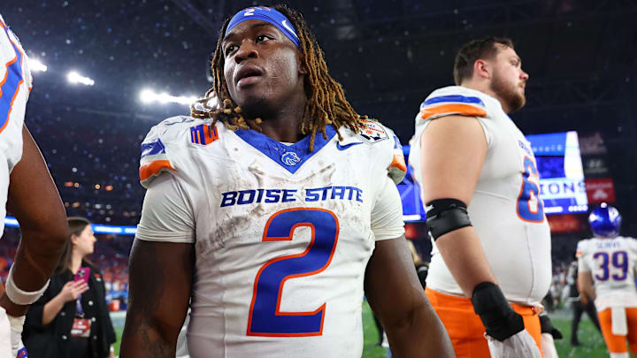 Dec 31, 2024; Glendale, AZ, USA; Boise State Broncos running back Ashton Jeanty (2) reacts after the game against the Penn State Nittany Lions in the Fiesta Bowl at State Farm Stadium. Mandatory Credit: Mark J. Rebilas-Imagn Images