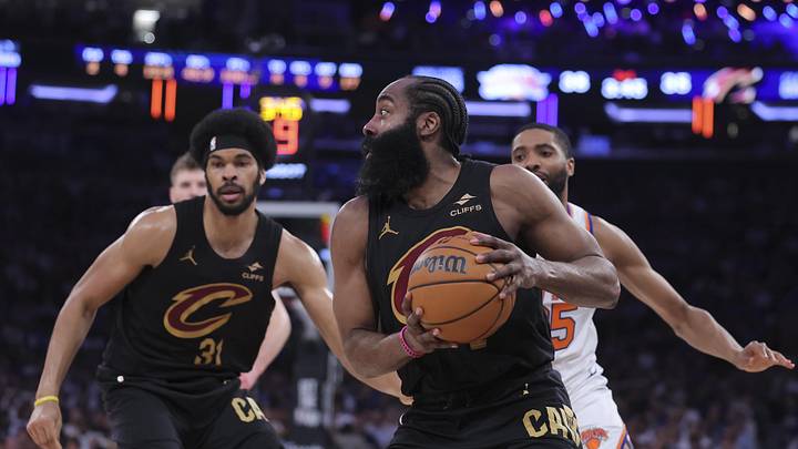 May 19, 2026; New York, New York, USA; Cleveland Cavaliers guard James Harden (1) controls the ball against New York Knicks guard Mikal Bridges (25) during the second quarter of game one of the eastern conference finals during the 2026 NBA playoffs at Madison Square Garden. Mandatory Credit: Brad Penner-Imagn Images