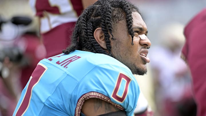 Apr 20, 2024; Tallahassee, Florida, USA; Florida State Seminoles defensive back Earl Little Jr (0) during the Spring Showcase at Doak S. Campbell Stadium. Mandatory Credit: Melina Myers-Imagn Images