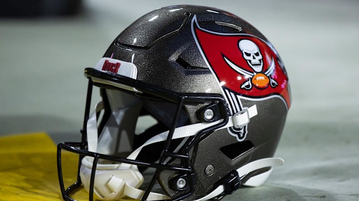 Dec 25, 2022; Glendale, Arizona, USA; Detailed view of a Tampa Bay Buccaneers helmet at State Farm Stadium. Mandatory Credit: Mark J. Rebilas-Imagn Images