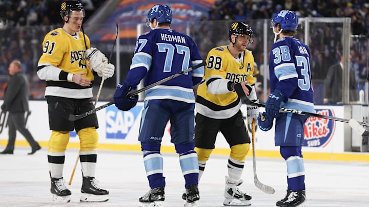 Feb 1, 2026; Tampa Bay, Florida, USA; Boston Bruins defenseman Nikita Zadorov (91) and right wing David Pastrnak (88) shake hands with Tampa Bay Lightning defenseman Victor Hedman (77) and left wing Brandon Hagel (38) following the 2026 Stadium Series ice hockey game at Raymond James Stadium. Mandatory Credit: Kim Klement Neitzel-Imagn Images Feb 1, 2026; Tampa Bay, Florida, USA; Boston Bruins defenseman Nikita Zadorov (91) and right wing David Pastrnak (88) shake hands with Tampa Bay Lightning defenseman Victor Hedman (77) and left wing Brandon Hagel (38) following the 2026 Stadium Series ice hockey game at Raymond James Stadium. Mandatory Credit: Kim Klement Neitzel-Imagn Images