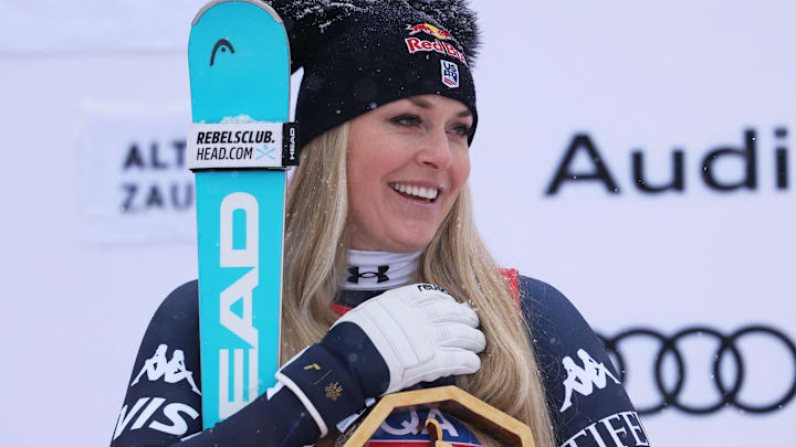 [Jan 10, 2026; Zauchensee, AUSTRIA; Lindsey Vonn of the United States celebrates on the podium after winning the women's downhill alpine skiing race in the FIS World Cup at Zauchensee.