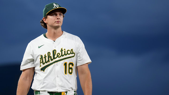 Sep 24, 2025; West Sacramento, California, USA; Athletics first baseman Nick Kurtz (16) walks towards the dugout before the start of the game against the Houston Astros at Sutter Health Park. Mandatory Credit: Cary Edmondson-Imagn Images