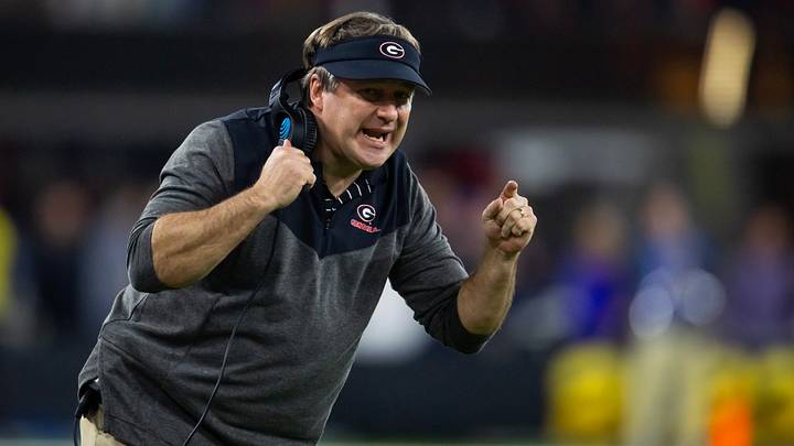Jan 9, 2023; Inglewood, CA, USA; Georgia Bulldogs head coach Kirby Smart reacts against the TCU Horned Frogs during the CFP national championship game at SoFi Stadium. Mandatory Credit: Mark J. Rebilas-USA TODAY Sports Jan 9, 2023; Inglewood, CA, USA; Georgia Bulldogs head coach Kirby Smart reacts against the TCU Horned Frogs during the CFP national championship game at SoFi Stadium. Mandatory Credit: Mark J. Rebilas-USA TODAY Sports