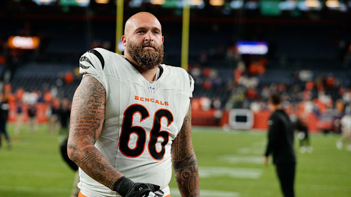 Sep 29, 2025; Denver, Colorado, USA; Cincinnati Bengals guard Dalton Risner (66) looks on after the game against the Denver Broncos at Empower Field at Mile High. Mandatory Credit: Isaiah J. Downing-Imagn Images