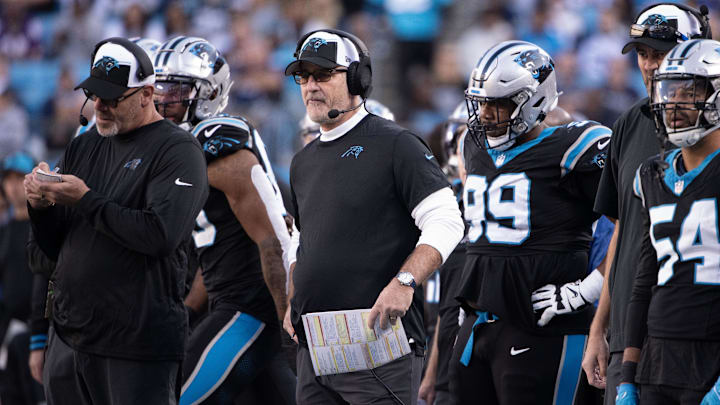 Nov 19, 2023; Charlotte, North Carolina, USA; Carolina Panthers head coach Frank Reich on the sidelines in the fourth quarter at Bank of America Stadium. Mandatory Credit: Bob Donnan-Imagn Images Nov 19, 2023; Charlotte, North Carolina, USA; Carolina Panthers head coach Frank Reich on the sidelines in the fourth quarter at Bank of America Stadium. Mandatory Credit: Bob Donnan-Imagn Images