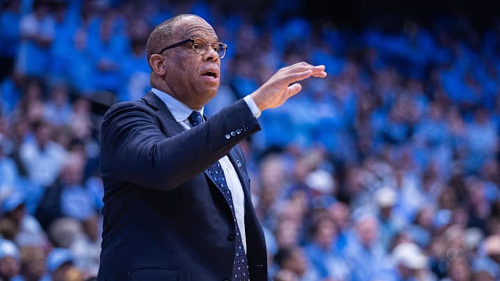 Nov 11, 2025; Chapel Hill, North Carolina, USA;  North Carolina Tar Heels head coach Hubert Davis directs his team during the first half against the Radford Highlanders at Dean E. Smith Center. Mandatory Credit: Scott Kinser-Imagn Images