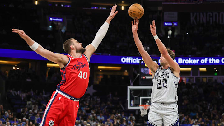 Orlando Magic forward Franz Wagner (22) shoots against LA Clippers center Ivica Zubac (40) during the first quarter at Kia Center.