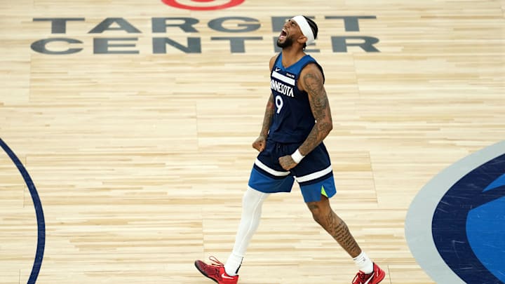 May 26, 2025; Minneapolis, Minnesota, USA; Minnesota Timberwolves guard Nickeil Alexander-Walker (9) reacts against the Oklahoma City Thunder in the second half during game four of the western conference finals for the 2025 NBA Playoffs at Target Center. Mandatory Credit: Jesse Johnson-Imagn Images