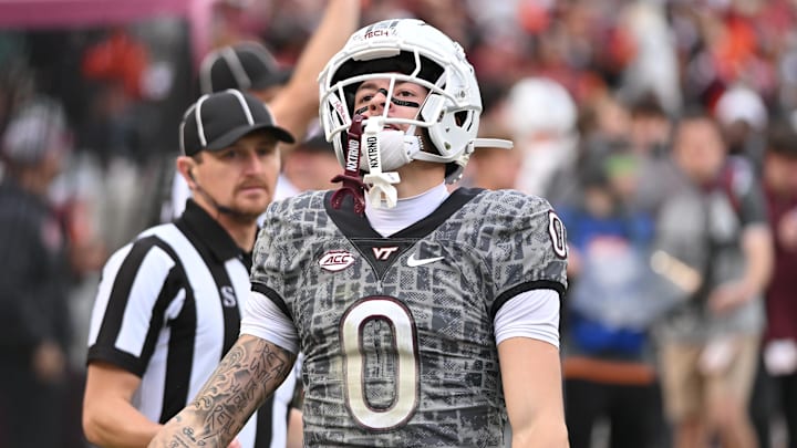 Nov 22, 2025; Blacksburg, Virginia, USA. Virginia Tech Hokies wide receiver Ayden Greene (0) celebrates after making a catch during the fourth quarter against the Miami (FL) Hurricanes at Lane Stadium. Mandatory Credit: Brian Bishop-Imagn Images Nov 22, 2025; Blacksburg, Virginia, USA. Virginia Tech Hokies wide receiver Ayden Greene (0) celebrates after making a catch during the fourth quarter against the Miami (FL) Hurricanes at Lane Stadium. Mandatory Credit: Brian Bishop-Imagn Images