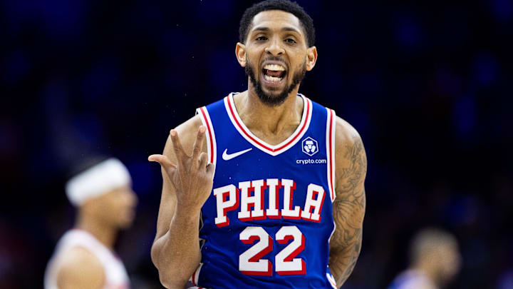 Apr 25, 2024; Philadelphia, Pennsylvania, USA; Philadelphia 76ers guard Cameron Payne (22) reacts to his three pointer against the New York Knicks during the second quarter of game three of the first round for the 2024 NBA playoffs at Wells Fargo Center. Mandatory Credit: Bill Streicher-Imagn Images