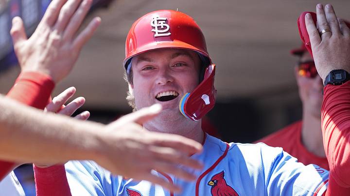 Jun 13, 2026; Minneapolis, Minnesota, USA; St. Louis Cardinals third baseman Blaze Jordan (33) celebrates his run against the Minnesota Twins in the second inning at Target Field. Mandatory Credit: Bruce Kluckhohn-Imagn Images Jun 13, 2026; Minneapolis, Minnesota, USA; St. Louis Cardinals third baseman Blaze Jordan (33) celebrates his run against the Minnesota Twins in the second inning at Target Field. Mandatory Credit: Bruce Kluckhohn-Imagn Images