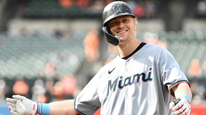 Jul 13, 2025; Baltimore, Maryland, USA;  Miami Marlins left fielder Kyle Stowers (28) reacts after hitting an RBI single during the eighth inning against the Baltimore Orioles at Oriole Park at Camden Yards. Mandatory Credit: James A. Pittman-Imagn Images