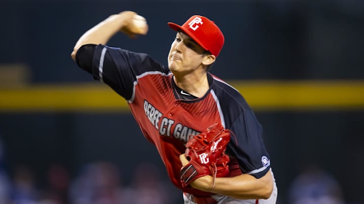 Aug 28, 2022; Phoenix, Arizona, US; West pitcher Travis Sykora (17) during the Perfect Game All-American Classic high school baseball game at Chase Field.