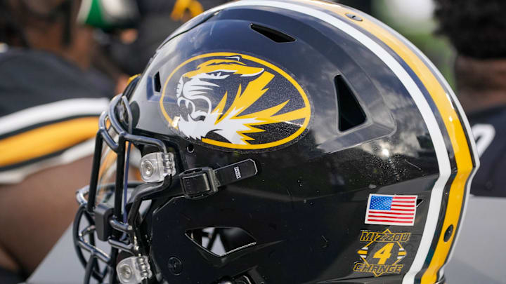 Nov 20, 2021; Columbia, Missouri, USA; A general view of a Missouri Tigers helmet against the Florida Gators during the game at Faurot Field at Memorial Stadium. Mandatory Credit: Denny Medley-Imagn Images