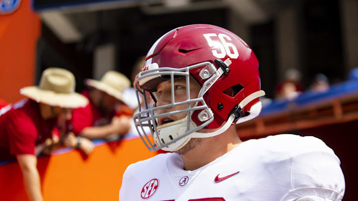 Sep 18, 2021; Gainesville, Florida, USA; Alabama Crimson Tide offensive lineman Seth McLaughlin (56)