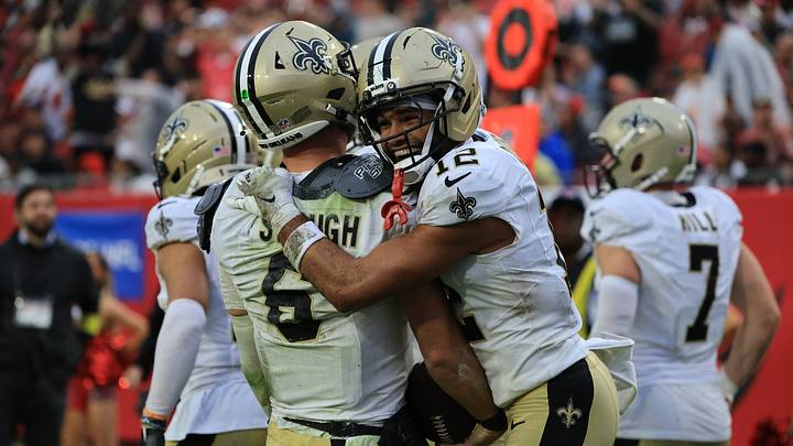 New Orleans Saints quarterback Tyler Shough (6) and wide receiver Chris Olave (12) New Orleans Saints quarterback Tyler Shough (6) and wide receiver Chris Olave (12)