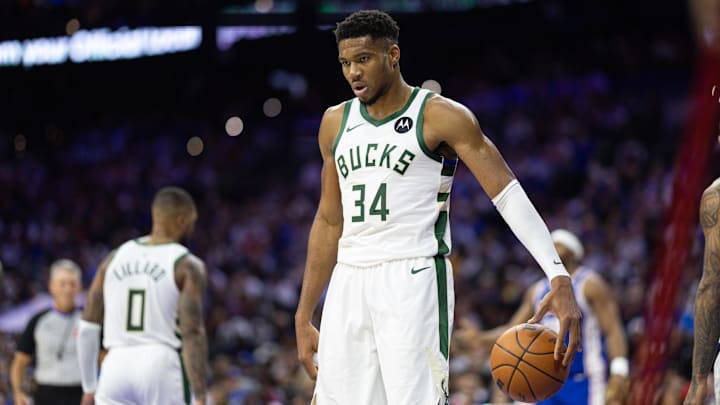 Oct 23, 2024; Philadelphia, Pennsylvania, USA; Milwaukee Bucks forward Giannis Antetokounmpo (34) during the third quarter against the Philadelphia 76ers at Wells Fargo Center. Mandatory Credit: Bill Streicher-Imagn Images