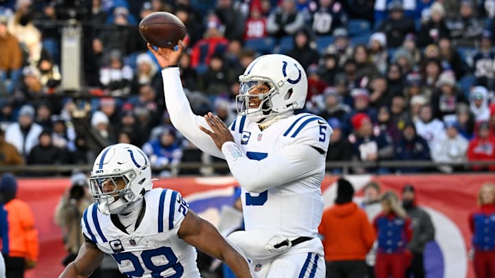 Dec 1, 2024; Foxborough, Massachusetts, USA; Indianapolis Colts quarterback Anthony Richardson (5) throws a pass against the New England Patriots during the second half at Gillette Stadium. 