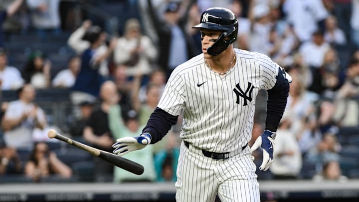 Jun 8, 2025; Bronx, New York, USA; New York Yankees outfielder Aaron Judge (99) reacts after hitting a two-run home run against the Boston red Sox during the first inning at Yankee Stadium. Mandatory Credit: John Jones-Imagn Images