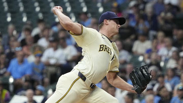 Sep 18, 2025; Milwaukee, Wisconsin, USA; Milwaukee Brewers pitcher Quinn Priester (46) delivers a pitch against the Los Angeles Angels in the first inning at American Family Field. Mandatory Credit: Michael McLoone-Imagn Images