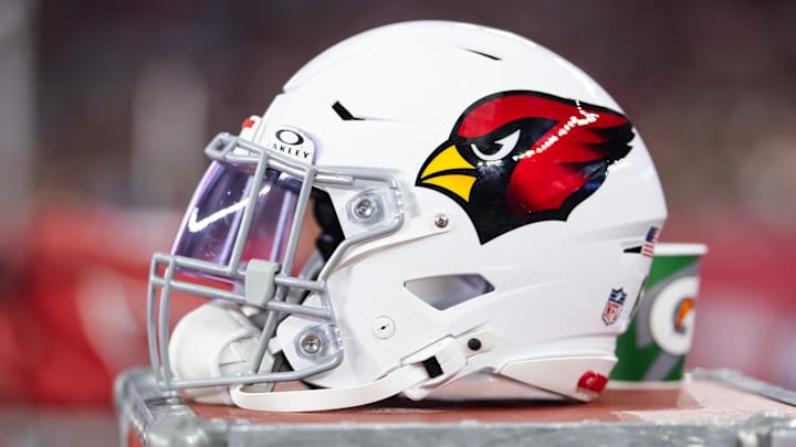 Aug 10, 2024; Glendale, Arizona, USA; Detailed view of an Arizona Cardinals helmet during a preseason NFL game at State Farm Stadium. Mandatory Credit: Mark J. Rebilas-Imagn Images
