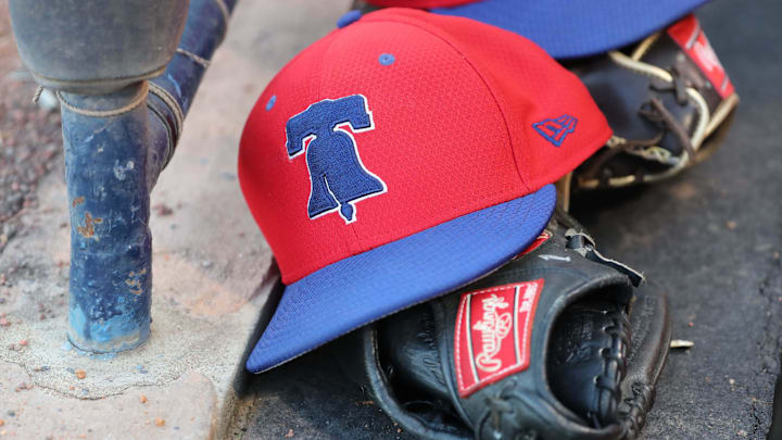 Mar 13, 2019; Tampa, FL, USA; A general view of Philadelphia Phillies hats laying in the dugout at George M. Steinbrenner Field. Mar 13, 2019; Tampa, FL, USA; A general view of Philadelphia Phillies hats laying in the dugout at George M. Steinbrenner Field.