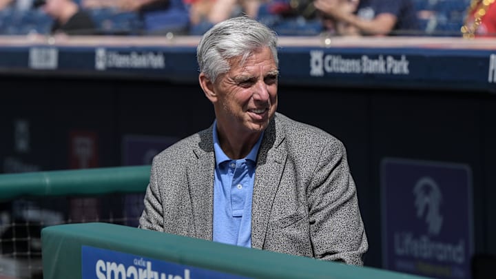 Jun 24, 2023; Philadelphia, Pennsylvania, USA;  Philadelphia Phillies President of Baseball Operations Dave Dombrowski prior to the game against the New York Mets at Citizens Bank Park. Mandatory Credit: John Geliebter-Imagn Images