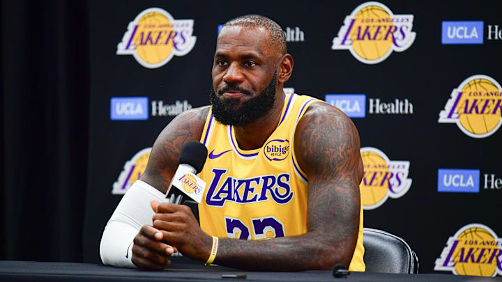 Sep 29, 2025; Los Angeles, CA, USA; Los Angeles Lakers forward LeBron James (23) during media day at UCLA Health Training Center. Mandatory Credit: Gary A. Vasquez-Imagn Images