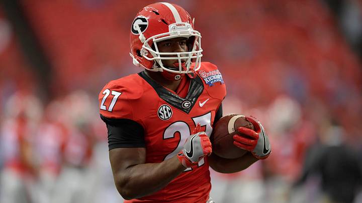 Sep 3, 2016; Atlanta, GA, USA; Georgia Bulldogs running back Nick Chubb (27) warms up prior to the 2016 Chick-Fil-A Kickoff game against the North Carolina Tar Heels at Georgia Dome. Mandatory Credit: Dale Zanine-USA TODAY Sports Sep 3, 2016; Atlanta, GA, USA; Georgia Bulldogs running back Nick Chubb (27) warms up prior to the 2016 Chick-Fil-A Kickoff game against the North Carolina Tar Heels at Georgia Dome. Mandatory Credit: Dale Zanine-USA TODAY Sports