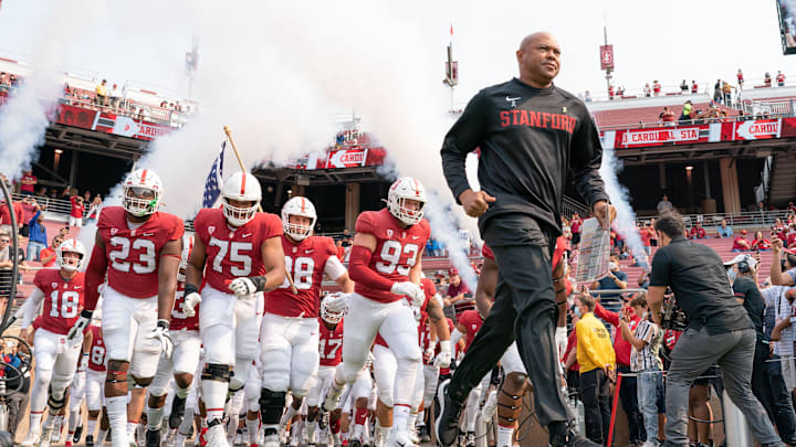 Sep 25, 2021; Stanford, California, USA;  Stanford Cardinal head coach David Shaw runs out with the