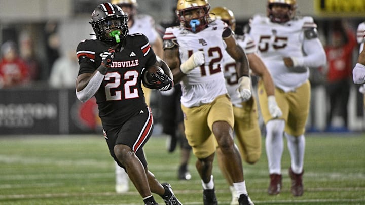 Oct 25, 2025; Louisville, Kentucky, USA; Louisville Cardinals running back Keyjuan Brown (22) runs the ball for a touchdown against the Boston College Eagles during the second half at L&N Federal Credit Union Stadium. Mandatory Credit: Jamie Rhodes-Imagn Images Oct 25, 2025; Louisville, Kentucky, USA; Louisville Cardinals running back Keyjuan Brown (22) runs the ball for a touchdown against the Boston College Eagles during the second half at L&N Federal Credit Union Stadium. Mandatory Credit: Jamie Rhodes-Imagn Images