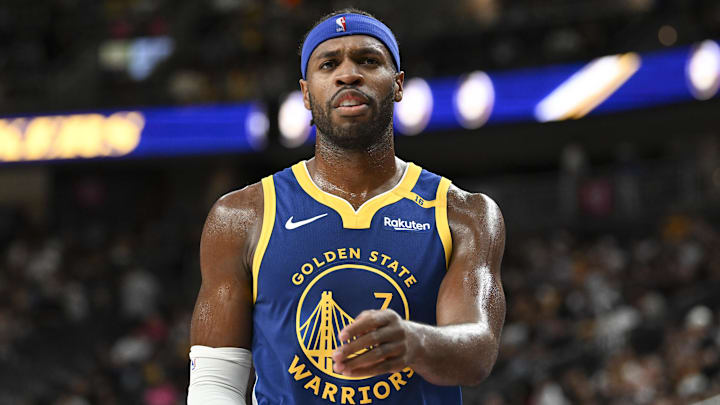 Golden State Warriors guard Buddy Hield (7) looks on against the Los Angeles Lakers in the second quarter during a preseason game at T-Mobile Arena. Mandatory Credit: Candice Ward-Imagn Images