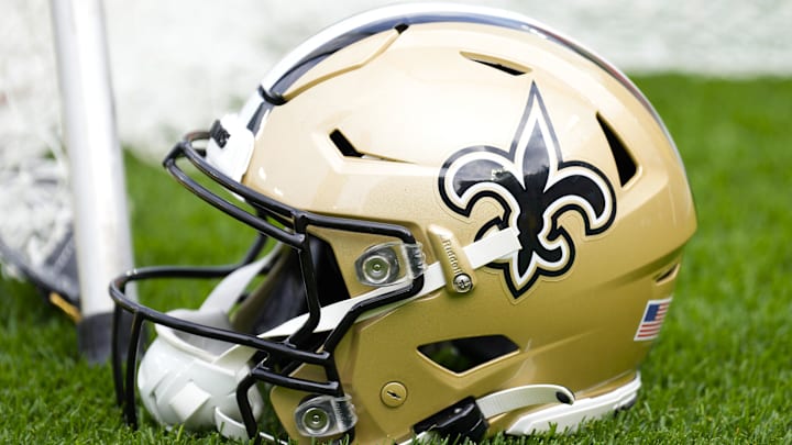 Sep 24, 2023; Green Bay, Wisconsin, USA;  An New Orleans Saints helmet during warmups prior to the game against the Green Bay Packers at Lambeau Field. Mandatory Credit: Jeff Hanisch-Imagn Images