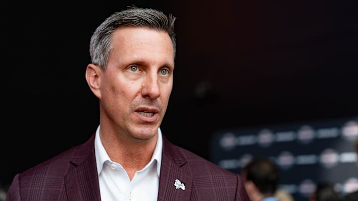 Arizona State athletic director Graham Rossini speaks to Michelle Gardner, ASU sports reporter for The Arizona Republic, as the countdown to the NCAA Women's Final Four begins at Mortgage Matchup Center in Phoenix on Feb. 24, 2026.