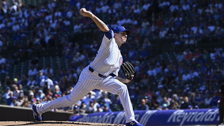 Sep 21, 2024; Chicago, Illinois, USA;  Chicago Cubs pitcher Kyle Hendricks (28) delivers against the Washington Nationals during the first inning at Wrigley Field. 