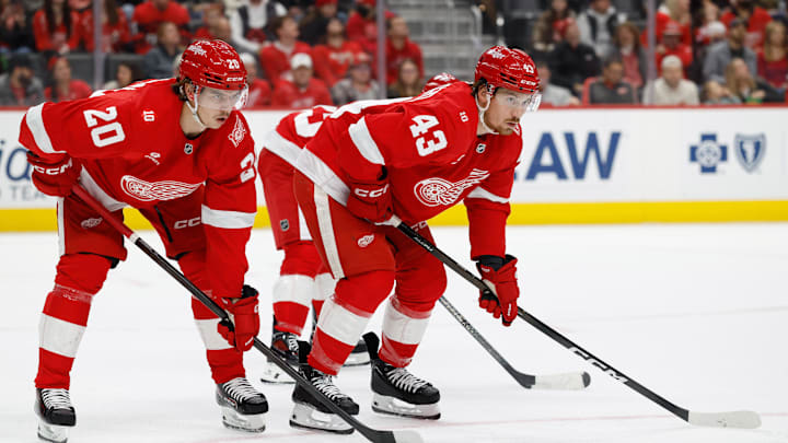 Dec 23, 2025; Detroit, Michigan, USA;  Detroit Red Wings defenseman Albert Johansson (20) and left wing John Leonard (43) gets set during a face off in the first period against the Dallas Stars at Little Caesars Arena. Mandatory Credit: Rick Osentoski-Imagn Images