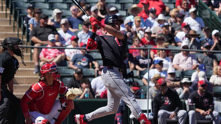 Mar 13, 2026; Tempe, Arizona, USA; Cleveland Guardians right fielder Nolan Jones (22) hits a double against the Los Angeles Angels in the first inning at Tempe Diablo Stadium. Mandatory Credit: Rick Scuteri-Imagn Images Mar 13, 2026; Tempe, Arizona, USA; Cleveland Guardians right fielder Nolan Jones (22) hits a double against the Los Angeles Angels in the first inning at Tempe Diablo Stadium. Mandatory Credit: Rick Scuteri-Imagn Images