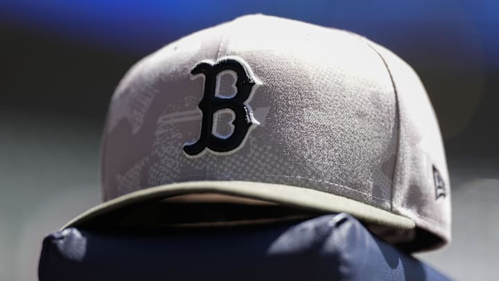 May 26, 2025; Milwaukee, Wisconsin, USA;  General view of a Boston Red Sox hat during warmups prior the game against the Milwaukee Brewers at American Family Field. Mandatory Credit: Jeff Hanisch-Imagn Images