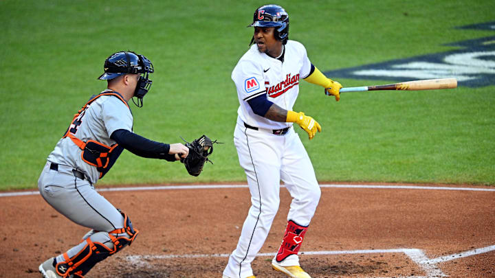Oct 7, 2024; Cleveland, Ohio, USA; Cleveland Guardians third base Jose Ramirez (11) reacts after striking out while Detroit Tigers catcher Jake Rogers (34) tags him during the fourth inning during game two of the ALDS for the 2024 MLB Playoffs at Progressive Field. Mandatory Credit: David Richard-Imagn Images