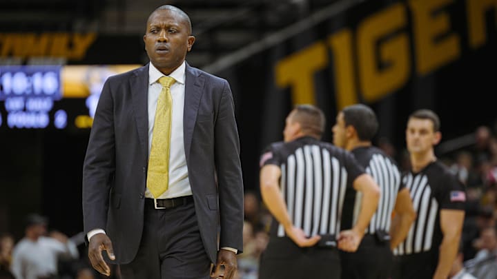Nov 27, 2024; Columbia, Missouri, USA; Missouri Tigers head coach Dennis Gates reacts during an injury timeout during the first half against the Lindenwood Lions at Mizzou Arena. Mandatory Credit: Jay Biggerstaff-Imagn Images