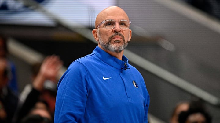 Jan 14, 2026; Dallas, Texas, USA; Dallas Mavericks head coach Jason Kidd looks on during the game against the Denver Nuggets at the American Airlines Center. Mandatory Credit: Jerome Miron-Imagn Images