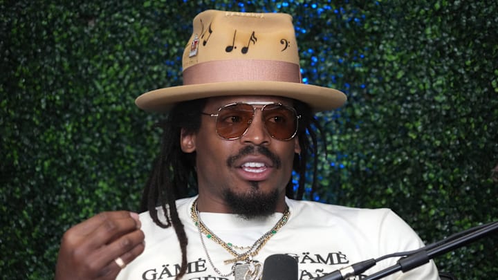 Feb 7, 2025; New Orleans, LA, USA; Cam Newton on Radio Row at the Super Bowl LIX media center. Mandatory Credit: Kirby Lee-Imagn Images