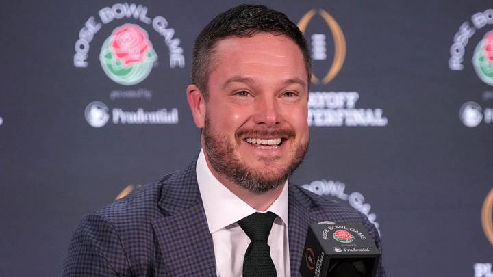 Dec 31, 2024; Los Angeles, California, USA; Oregon Ducks head coach Dan Lanning during the Rose Bowl head coaches press conference at Sheraton Grand LA. Mandatory Credit: Kirby Lee-Imagn Images Dec 31, 2024; Los Angeles, California, USA; Oregon Ducks head coach Dan Lanning during the Rose Bowl head coaches press conference at Sheraton Grand LA. Mandatory Credit: Kirby Lee-Imagn Images