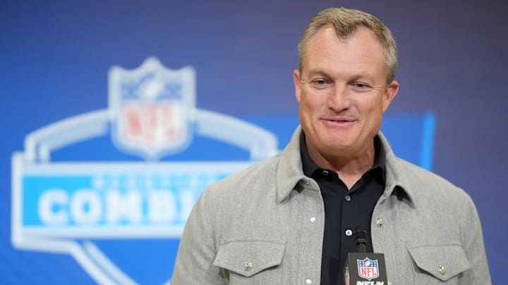 Feb 24, 2026; Indianapolis, IN, USA; San Francisco 49ers general manager John Lynch speaks at the NFL Scouting Combine at the Indiana Convention Center. Mandatory Credit: Kirby Lee-Imagn Images