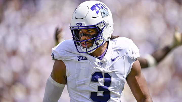 TCU Horned Frogs linebacker Kaleb Elarms-Orr celebrates during the game between TCU and the SMU Mustangs.